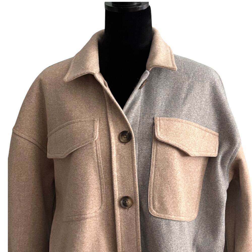 SO Oversized Button Up Shacket Tan Gray Color Block Size Small - Picture 2 of 10